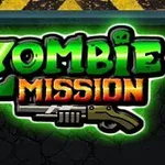 Zöld neonfényes Zombie Mission felirat, alatta egy puskával, sötét háttérrel