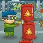 Egy kék sisakos figura lézerfegyverrel tart egy zöld, mérges kinézetű lényt egy piros hordó mögött