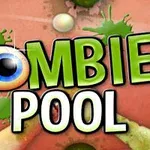 Zöld színű ZOMBIE POOL felirat egy hatalmas szem motívummal, körülötte zöld festékfröccsenésekkel
