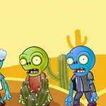 Rajzfilmstílusú zombik állnak egy sivatagi háttér előtt, amely kaktuszokat ábrázol