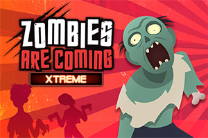 Színes grafikán egy zombi rémisztő arccal látható, háttérben két árnyékkal, az előtérben pedig a Zombies are coming Xtreme felirattal