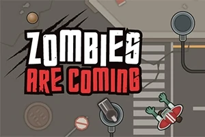 Rajzfilmszerű utcakép felülnézetből, közepén nagy Zombies are coming felirattal, mellette egy közeledő zombival és közlekedési lámpákkal