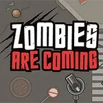 Rajzfilmszerű utcakép felülnézetből, közepén nagy Zombies are coming felirattal, mellette egy közeledő zombival és közlekedési lámpákkal
