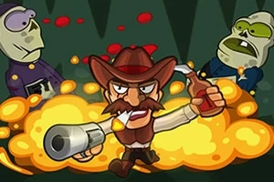 Rajzfilmfigurák közül egy cowboy kalapos ember puskával és robbanó hatás közepette zombiszerű lényekkel szemben