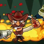 Rajzfilmfigurák közül egy cowboy kalapos ember puskával és robbanó hatás közepette zombiszerű lényekkel szemben