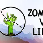 Egy zöld zombikéz emelkedik ki a földből egy körben, háttérben hegyek, mellette nagy betűkkel a ZOMBIES VS