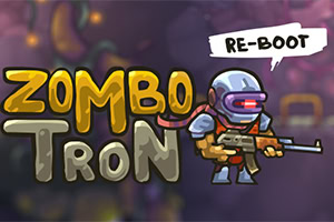 Rajzolt figura fegyverrel és sisakban egy lila háttér előtt, mellette RE-BOOT felirat és a Zombotron logó