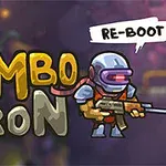 Rajzolt figura fegyverrel és sisakban egy lila háttér előtt, mellette RE-BOOT felirat és a Zombotron logó