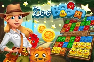 Egy mosolygós nő kalapban és öltözékben áll egy színes állatos puzzle táblával és aranyérmékkel a háttérben