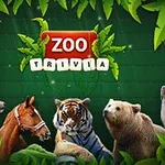 Zöld levelekkel keretezett kép, középen Zoo Trivia felirattal, szarvas, ló, tigris, medve és fóka illusztrációival