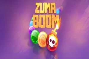 Színes golyók sora, köztük egy égő kanócos bomba, lila háttér előtt, a ZUMA BOOM felirattal